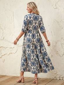 EMERY ROSE 女士 V 领休闲中长款开衩下摆拼接连衣裙，春夏 - 彩色 - 查看 2