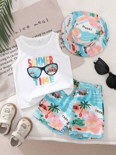 SHEIN 男婴三件套夏季套装：白色时尚字母印花背心、棕榈树印花沙滩短裤、配套帽子，适合海滩度假、日常休闲穿着和户外活动