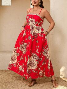 Breezaya Plus Size Women Vacation Style Floral Print Spaghetti Strap Dress - Multicolor - View 3