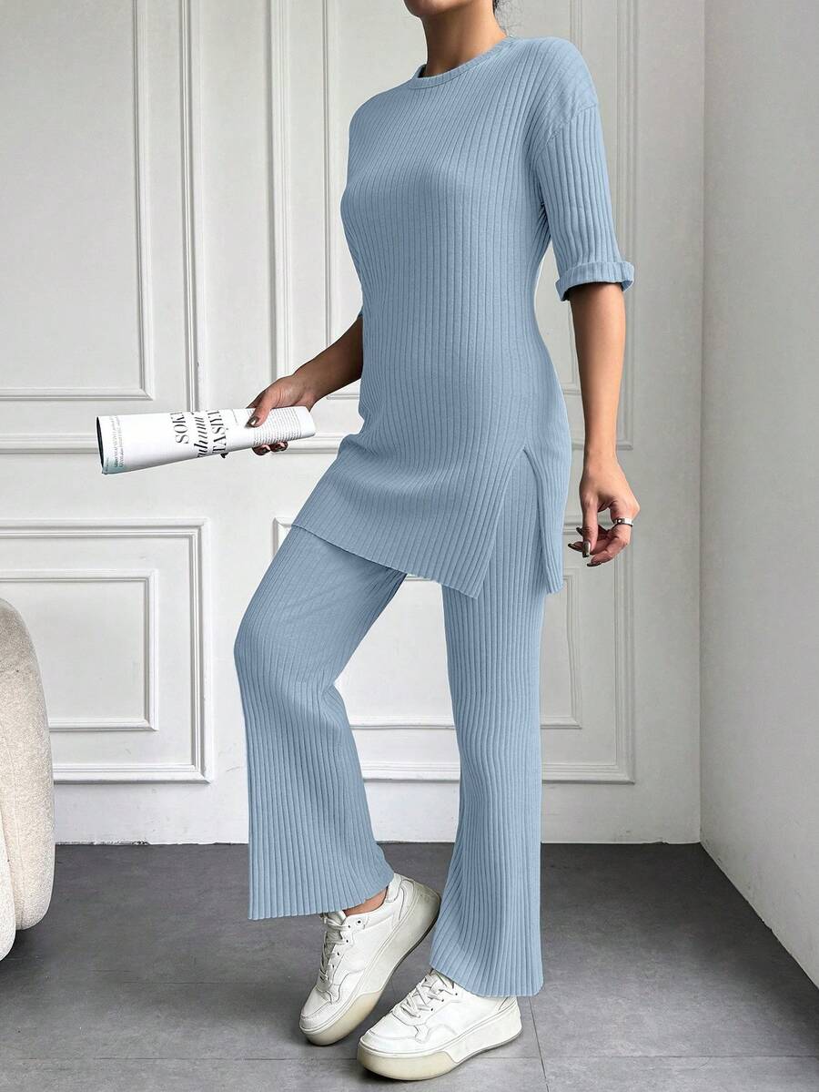 EURMUSE Camiseta de hombros caídos y pantalones 100% algodón - Celeste - Ver 1