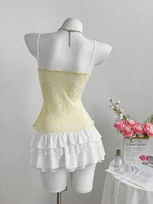 Elamini White And Yellow Summer 1960s Vintage 70s Retro Party Women's V-Neck Lace Ruffle 3D Flower Bow Tie Backless Camisole Tank Top Italian Corset Camis - Light Yellow - View 2