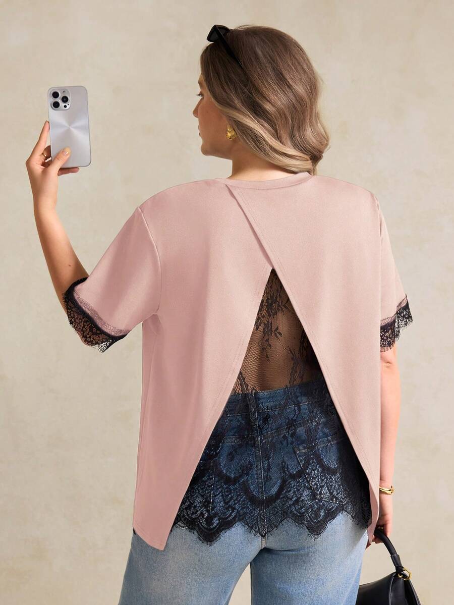 Elegantrix Áo thun dáng chữ A phối ren tương phản dành cho nữ cỡ lớn, thích hợp cho mùa xuân/hè. - Hồng - Xem 1