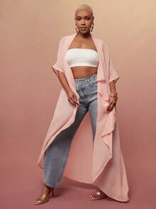 Vixey Áo khoác kimono maxi xếp nếp bằng vải chiffon mỏng nhẹ - Bụi hồng - Xem 1