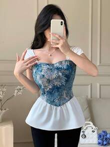 Celisse 女士时尚优雅花卉抽绳修身衬衫 - 墨綠色 - 查看 5