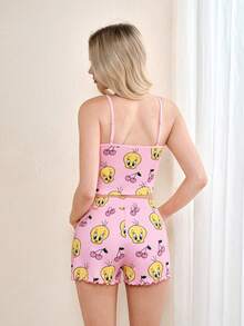 LOONEY TUNES X SHEIN Women's Cartoon Print Camisole And Shorts Pajama Set, - Pink - View 2