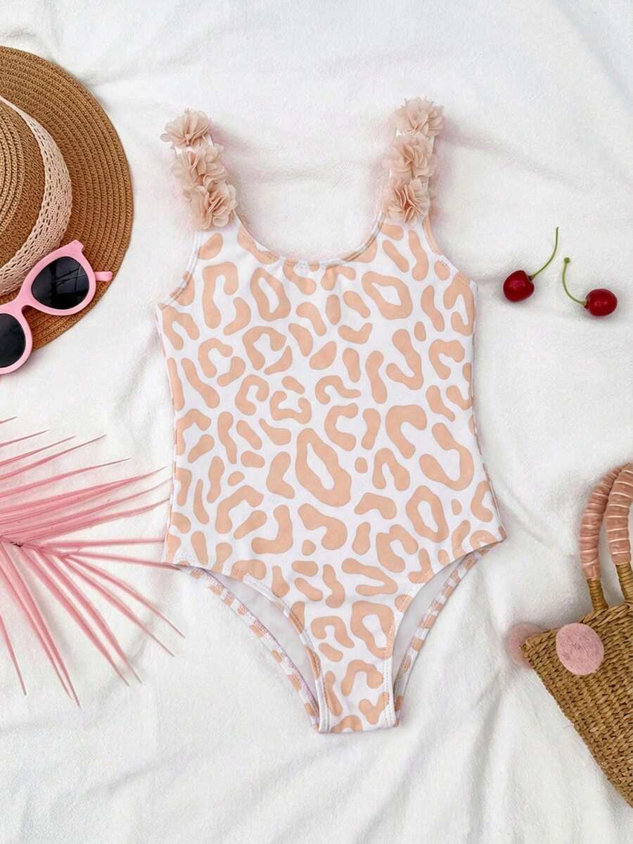 SHEIN 少女/少女针织条纹蝴蝶结设计3D花朵连体泳衣 粉色蝴蝶结泳衣 条纹连体泳衣 粉色连体泳衣 女童泳装 - 淺粉色 - 查看 1