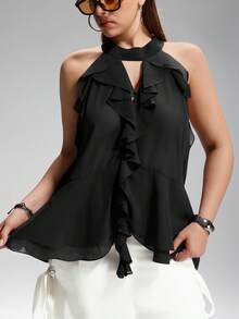 LYSMO Blusa con bufanda anudada minimalista para mujer talla grande - Negro - Ver 3