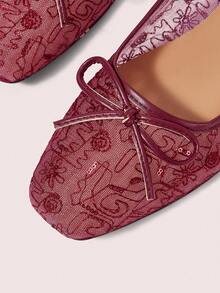 CUCCOO DOLLMOD Women's Wine Red Mesh Embroidered Floral Pattern With Cute Bow Decor French Style Breathable Mary Jane Flat Shoes, Mesh Material Suitable For Spring And Summer - Burgundy - View 5