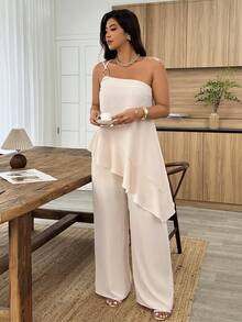 Weeklong Plus Size Women's One-Shoulder Metal Buckle Ruffle Hem Asymmetrical Hem Casual Suit, Suitable For Daily Wear, Spring/Summer - Apricot - View 6