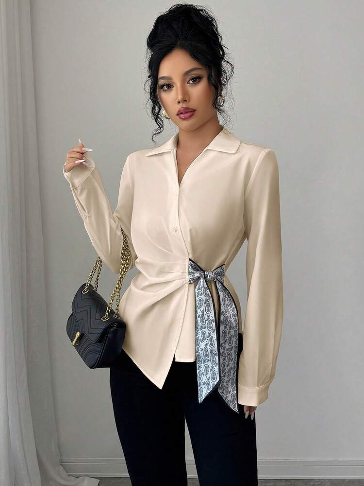 Selianne Women's Casual Bowknot Asymmetrical Hem Long Sleeve Shirt, Versatile For Daily Wear - Apricot - View 6