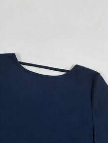 INAWLY Camiseta de manga larga casual ajustada con cuello de barco y espalda descubierta, de unicolor, para mujer de talla grande - Azul Marino - Ver 5