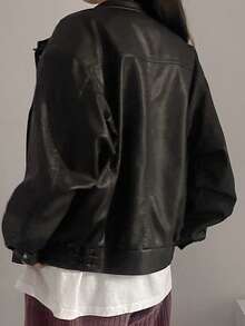 DAZY Chaqueta holgada con cuello alto y efecto desgastado para mujer, chaqueta de cuero de otoño - Negro - Ver 4