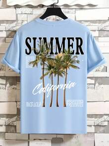 Manfinity RSRT 男士蓝色T恤，饰有加州棕榈树图案，配色清新，休闲度假风，适合海滩、散步、约会等场合，男女皆宜，是送给男友/老公的绝佳夏季礼物。 - 淺藍色 - 查看 4