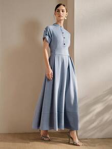 Anewsta 优雅女士连衣裙，度假装扮连衣裙，简约通勤休闲半高领插肩短袖收腰喇叭形牛仔效果蓝色连衣裙 - 藍色 - 查看 6