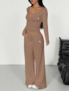 SHEIN EZwear 咖啡棕色针织上衣和裤子女士休闲日常装 - 咖啡棕 - 查看 3