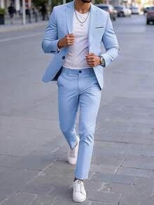 Manfinity Mode Men's Blue Minimalist Jacket And Pants Formal Suit Set - Baby Blue - View 6