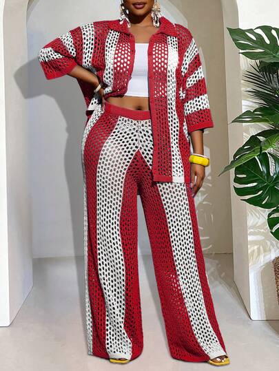 Slaydiva New Holiday Vacation Casual Minimalist Hollow Shirt Collar Long Sleeve Cardigan + Wide Leg Pants Blue Green Knit 2 Pieces Set - A Y2k Tracksuit Set Work From Home Outfits Women S Tracksuit Wool Two Piece Yatch Outfit Women