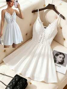 Elenzga Sleeveless Floral Lace Patchwork Elastic Waist A-Line Elegant Casual Sexy Summer Beach Dress For Women - White - View 3