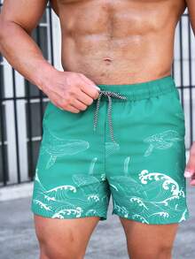 Manfinity KASUA Shorts de verano con estampado total y cordón en la cintura, traje de baño para hombres - verde menta - Ver 3