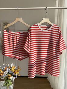 Comfortcana Schwarz-Weiß gestreiftes Casual 2 Stücke Set, bequem für Frühling/Sommer - Rot-Weiß - Übersicht 4