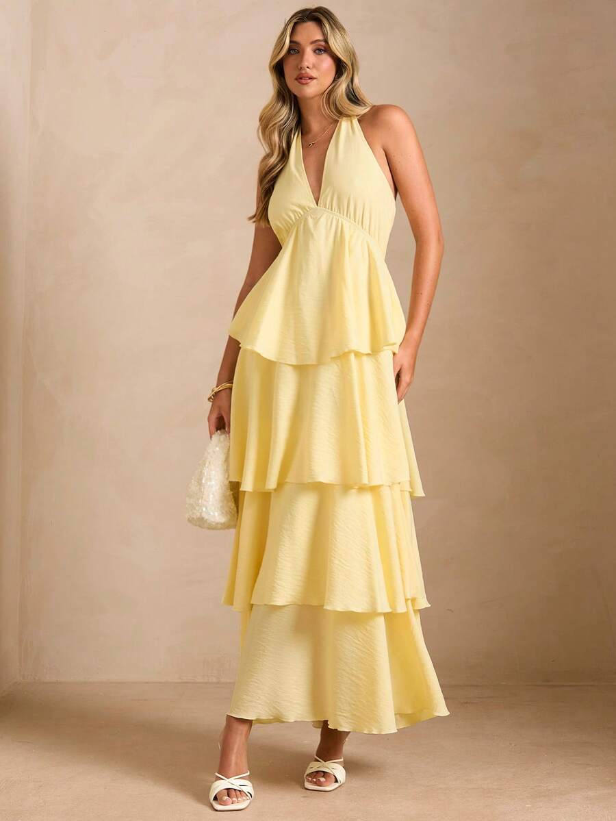 Enchnt Vestido de mujer con cuello en V, estilo halter, lazo y dobladillo con volantes, para vacaciones