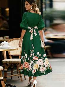 Balvessa 女士V领短袖花瓣袖优雅印花连衣裙 - 綠色 - 查看 2