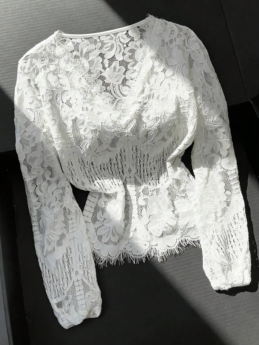 Modelyn Elegant French Style Lace Trim V-Neck Hollow Out Loose Long Sleeve Top For Women