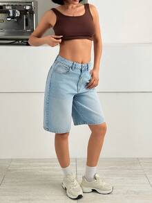 SHEIN Quần jean ngắn cạp thấp màu xanh nhạt, kiểu dáng đường phố, dài đến đầu gối, phong cách thường ngày. - Rửa nhẹ - Xem 6