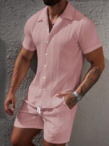 Manfinity CasualCool Men's Solid Color Casual Short Sleeve Shirt Set, Versatile For Summer - Pink - View 3