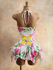 Mistrie 夏季新款碎花V领吊带腰部不对称荷叶边下摆女士度假连衣裙 - 彩色 - 查看 2