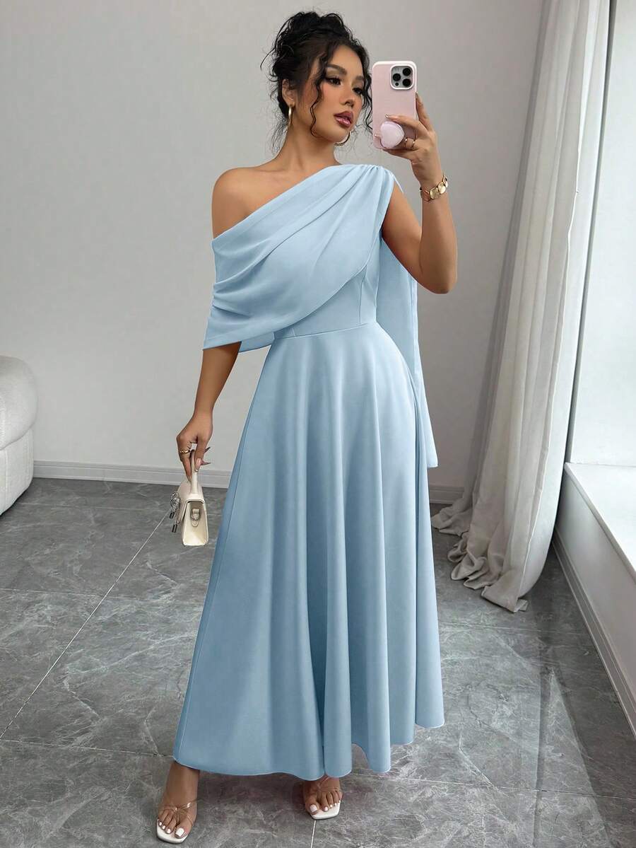 Rafferiza Đầm midi xòe bằng chiffon, kiểu dáng thanh lịch, đa năng, màu xanh dương, thích hợp cho mùa xuân/hè. Phong cách thời trang Pháp sang trọng, thanh lịch, vai lệch, chất liệu chiffon, màu xanh dương. - Màu xanh nhạt - Xem 1