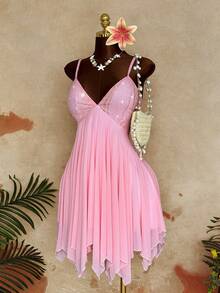 Sunspun Plus Size Solid Color Fashionable Bustier Camisole Backless Dress - Pink - View 5