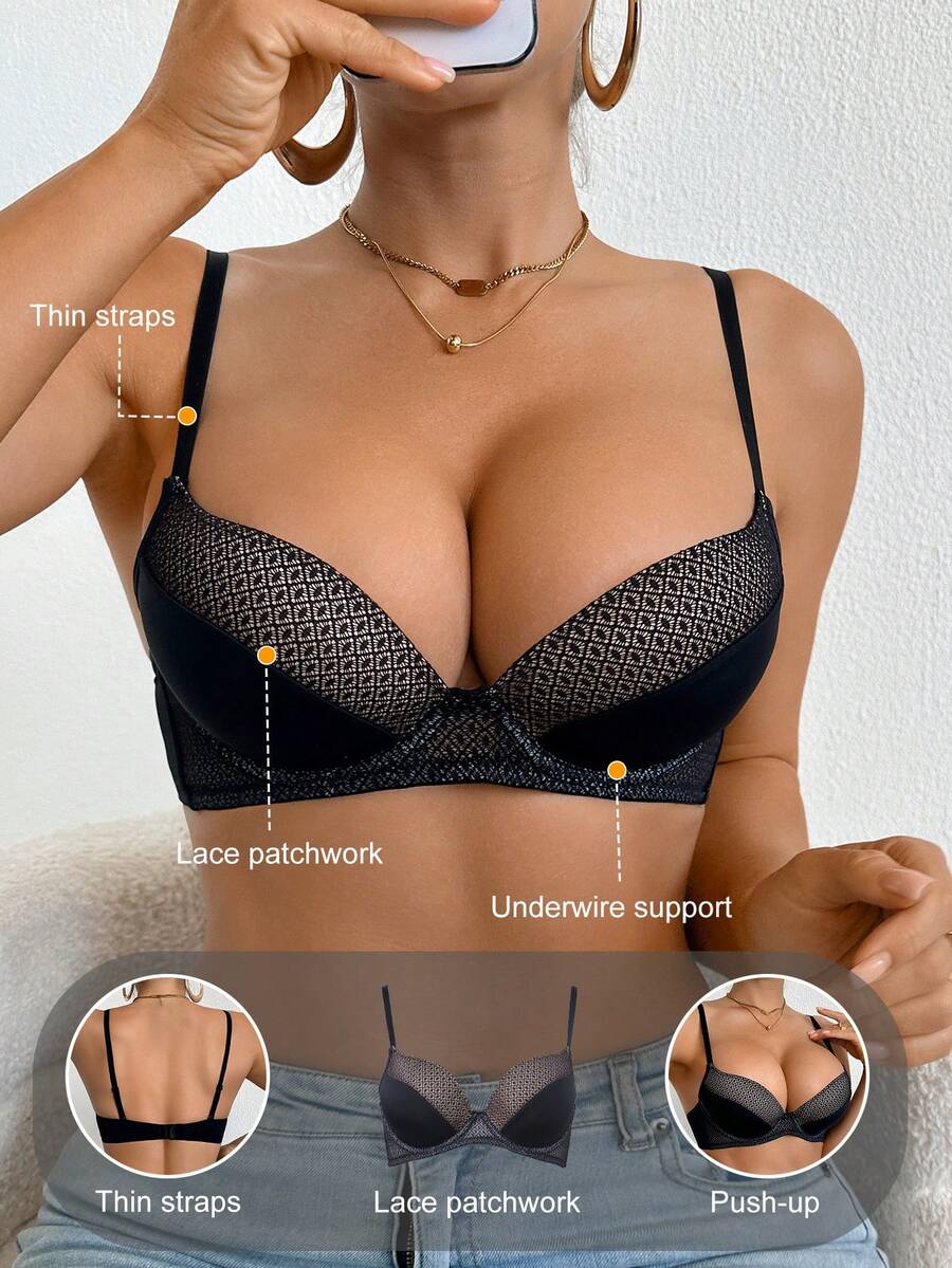 DesireSculpt 1pc Solid Black Mesh Padded Underwire Sexy Comfortable Lingerie - Apricot - View 1