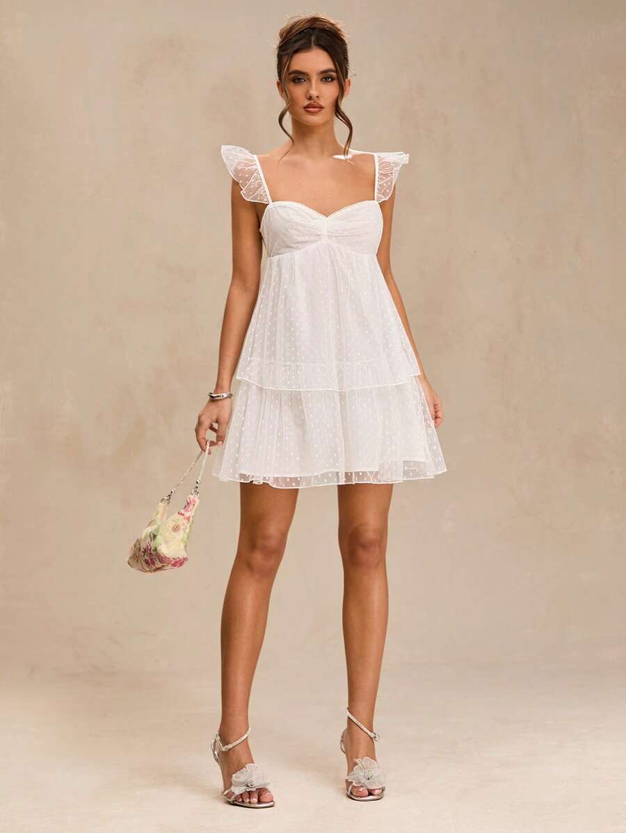 SHEIN BAE Đầm ngắn màu trắng trơn cổ chữ M xếp ly nhiều tầng hở lưng thắt nơ, thích hợp cho mùa xuân/hè, đầm trắng, đầm đi học, đầm dự đám cưới, đầm sinh nhật. - trắng - Xem 1