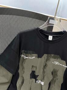 SHEIN 青少年男孩極簡印花短袖T恤與短褲套裝，青少年男孩 - 薄荷綠 - 查看 3