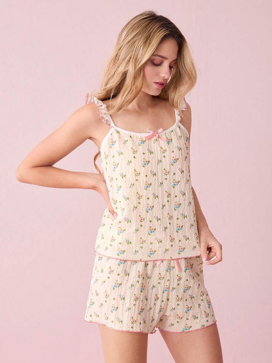 Bonmuse Women's Ditsy Floral Pajamas Set, Including Backless Camisole Top With Frilled Edges And Loose Belted Shortsfor Summer - Yellow - View 1