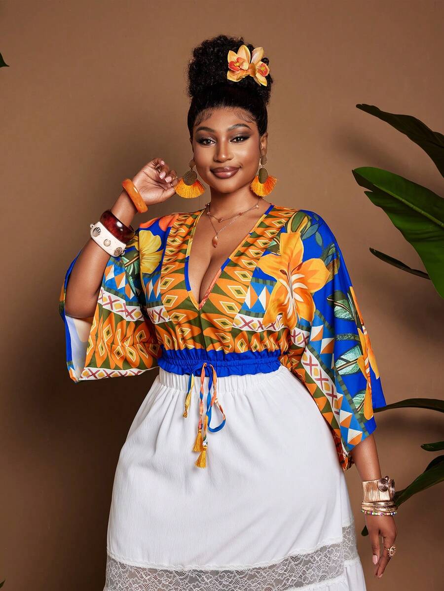 Maweii Plus Size Women's Blue,Autumn,Boho,Vacation,Holiday Tropical Floral Print Deep V-Neck Cinched Waist Bow Tie Decor Blouse,Fashionable Beach Party Top - Multicolor - View 1