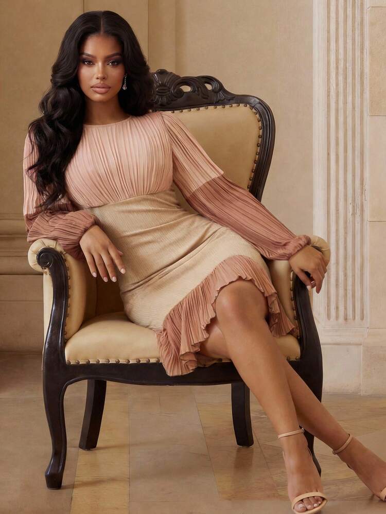 女性用オンブレ プリーツマーメイドドレス、エレガントなカジュアル 多用途 ロングドレス 春夏向け