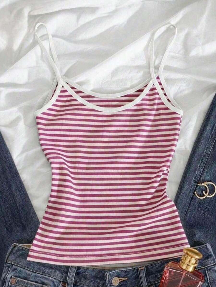 Glimmora Áo hai dây nữ kẻ sọc tối giản, quà tặng cho bạn bè. - Hồng - Xem 1