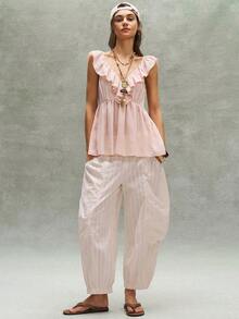 Bohemela 女士纯色V领荷叶边吊带背心，春夏款 - 藕粉色 - 查看 6