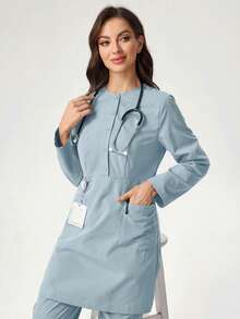 TaskEZ Women's Solid Color Round Neck Long Sleeve Top And Pants Casual Daily Uniform Set Scrub Sets For Women Light Blue Outfits Professional Clothes Work - Blue - View 3