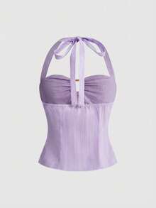 ROMWE Avant Áo hai dây cổ yếm dễ thương, ngọt ngào và thoải mái dành cho nữ - Màu tím hoa cà - Xem 2