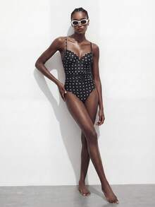 Maija Women's Polka Dot Print Camisole One Piece Swimsuit Vintage Swimsuit Polkadot Bikini Polka Dot Swimsuit Polka Dots Bathing Suit Bathing Suits For Women Polka Dot Women's Swimsuits Women's Bathing Suit Full Coverage Polka Dot Swimsuit One Piece One Piece Swimsuit Women - Black - View 4