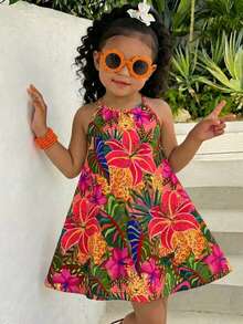 SHEIN Babygirl Vacation Casual Floral Print Loose Strap Dress - Multicolor - View 1