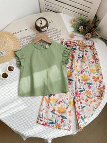 LMoss Kids 2件套女婴纯色荷叶边领上衣和宽松碎花裤套装 - 綠色 - 查看 3