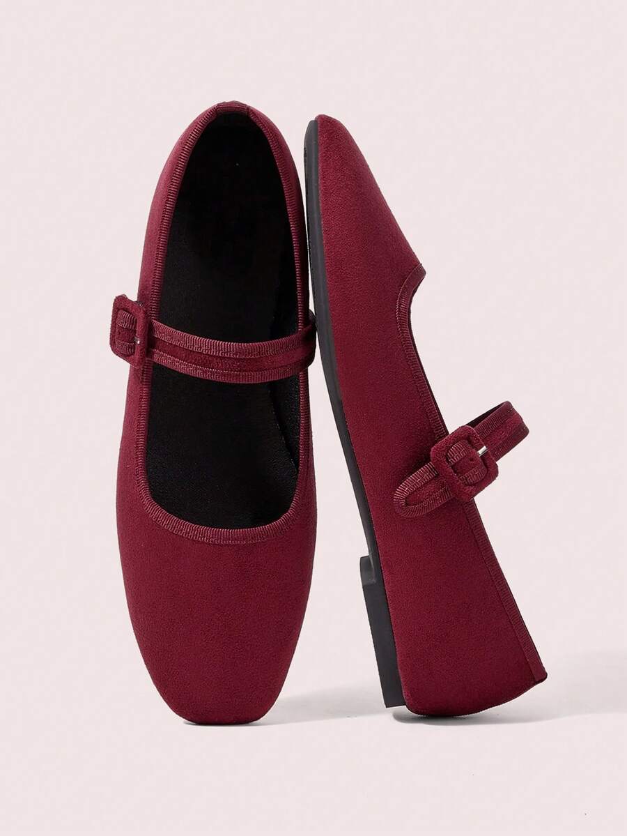 CUCCOO DOLLMOD Ladies Burgundy Suede Square Toe Elegant Same-Color Bag Buckle Simple Design Mary Jane Flat Shoes Suitable For All Seasons Holiday Vacation Birthday Party Low Vamp Shoes - Red Violet - View 1