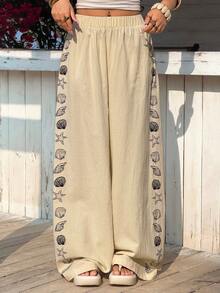 Muchica Women's Casual Seashell Print Loose Pants, Vacation Style - Apricot - View 9