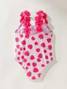 Maija Kids Maija Kids 1件装少女休闲优雅度假修身可爱草莓印花吊带泳衣，适合泳池、海滩、海边、沙滩派对、春夏季节穿着。 - 粉色 - 查看 2