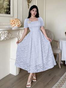 Modelyn Cut-Out Waist Flared Dress With 3D Floral Decor For Women - Baby Blue - View 6