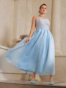 VOLUPTÉ CURVE Plus Size Summer Sky Blue Lace Cinched Waist Patchwork Spaghetti Strap Top Fairy Elegant Long Dress For Engagement Partys, Parties, Prom, Graduation - Blue - View 4